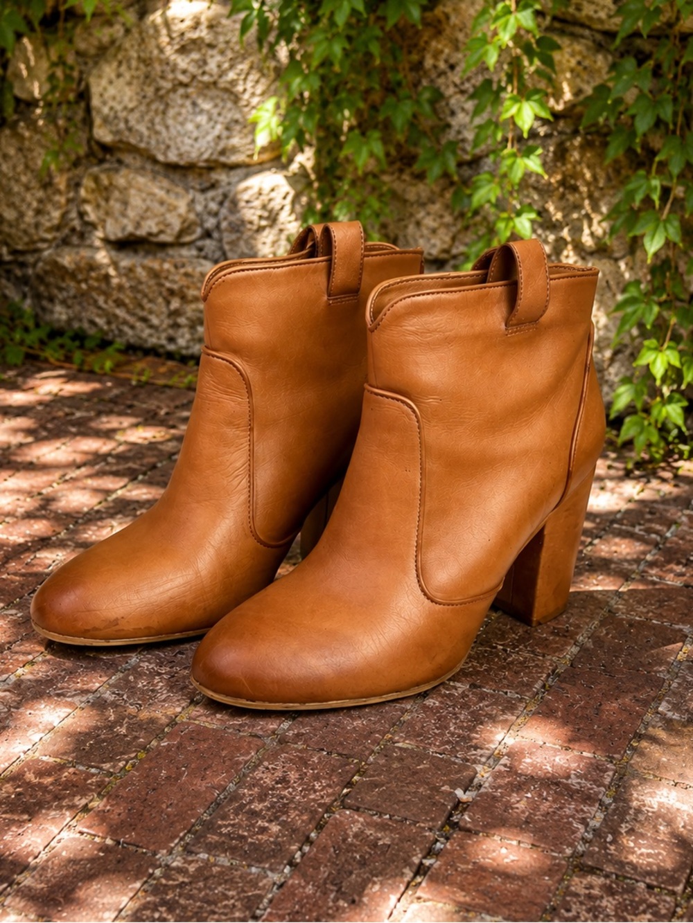 NEIMAN MARCUS Cognac Leather Linette Block Heel Ankle Boots, 41